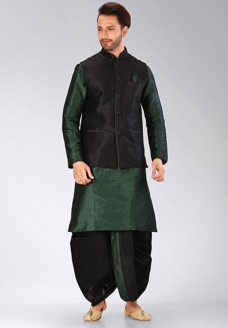 Rama green dupon art silk kurta, jacket with matching dhoti