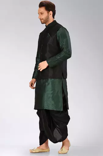 Rama green dupon art silk kurta, jacket with matching dhoti