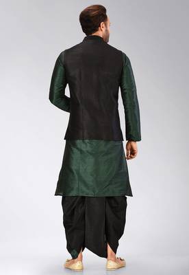 Rama green dupon art silk kurta, jacket with matching dhoti 4