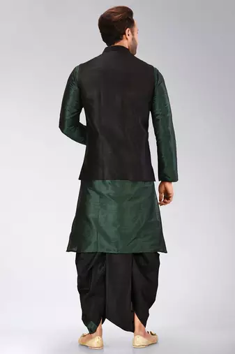 Rama green dupon art silk kurta, jacket with matching dhoti