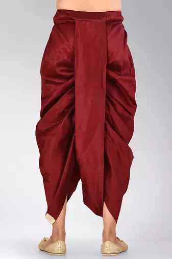 Maroon dupion art silk readymade dhoti with patch work