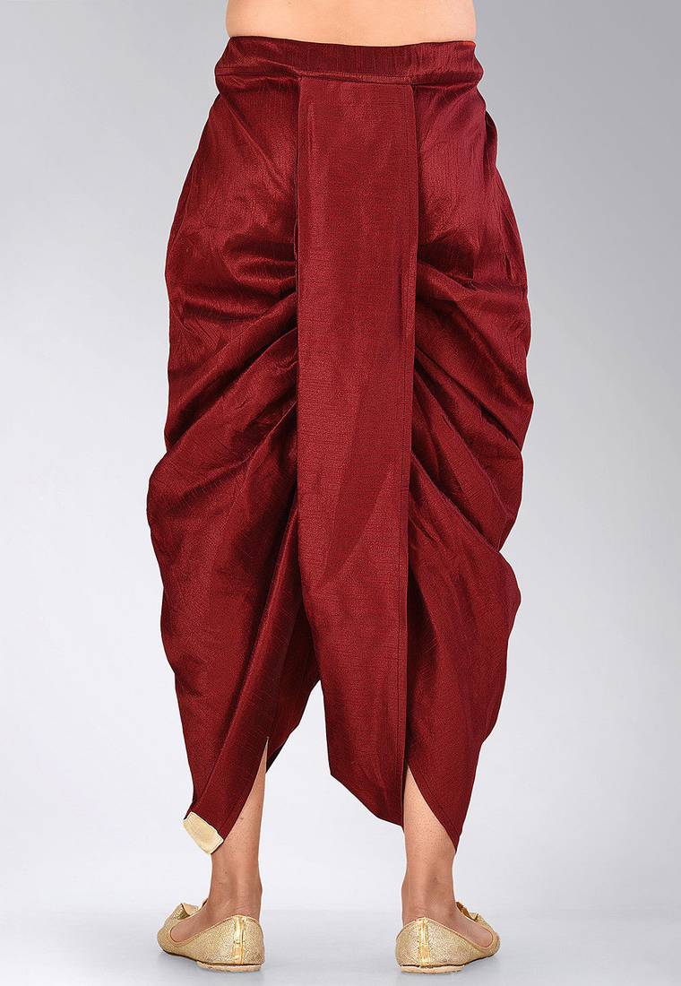 Maroon dupion art silk readymade dhoti with patch work
