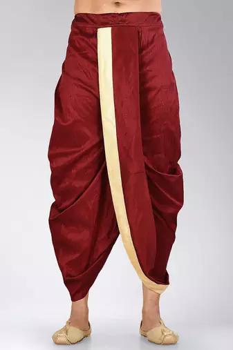 Maroon dupion art silk readymade dhoti with patch work
