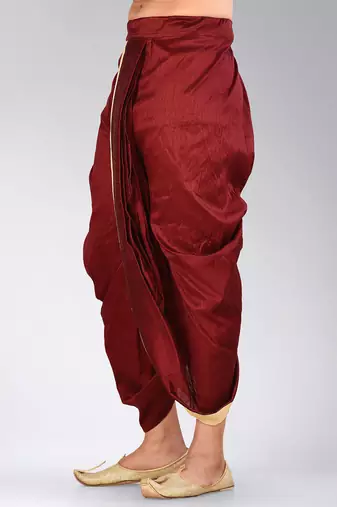 Maroon dupion art silk readymade dhoti with patch work