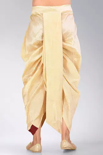 Beige dupion art silk readymade dhoti with patch work