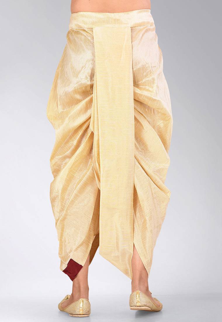 Beige dupion art silk readymade dhoti with patch work