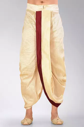 Beige dupion art silk readymade dhoti with patch work