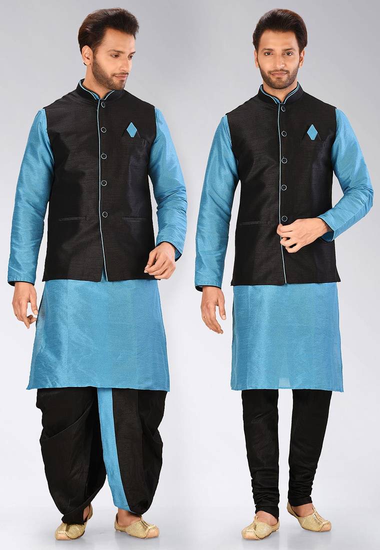Firoza dupon art silk kurta, jacket with matching dhoti and churidar