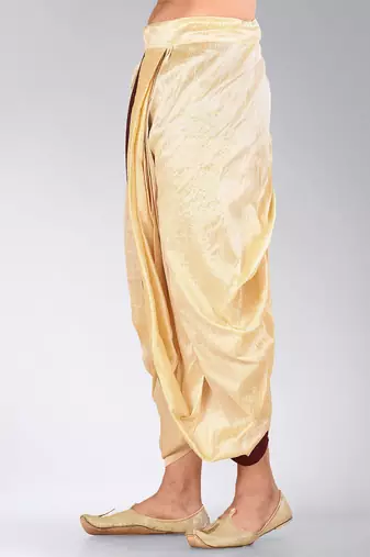 Beige dupion art silk readymade dhoti with patch work