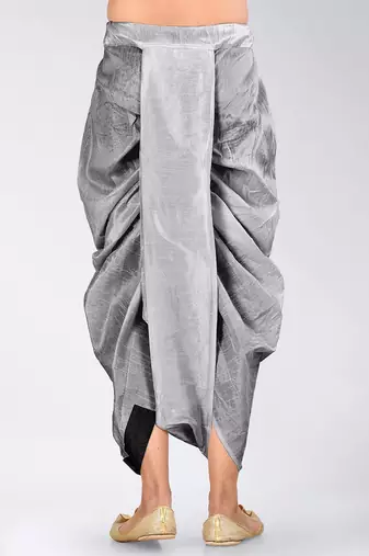 Grey dupion art silk readymade dhoti with patch work