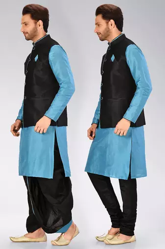 Firoza dupon art silk kurta, jacket with matching dhoti and churidar