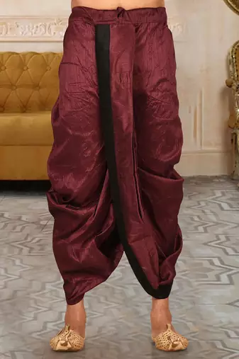 Maroon dupion art silk readymade dhoti with patch work