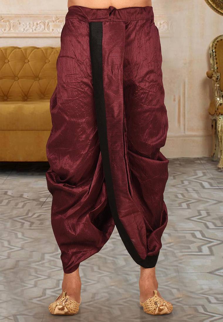 Maroon dupion art silk readymade dhoti with patch work