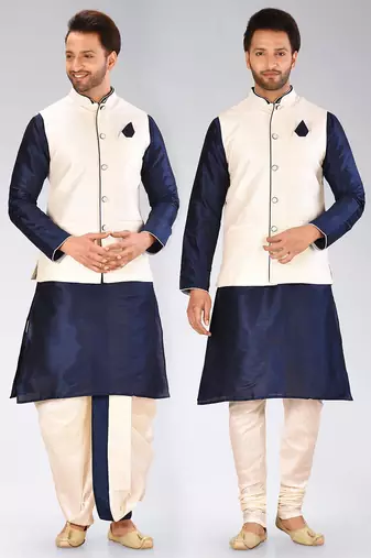 Navy blue dupon art silk kurta, jacket with matching dhoti and churidar