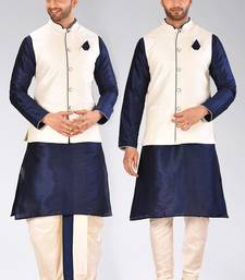 Navy blue dupon art silk kurta, jacket with matching dhoti and churidar