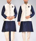 Navy blue dupon art silk kurta, jacket with matching dhoti and churidar