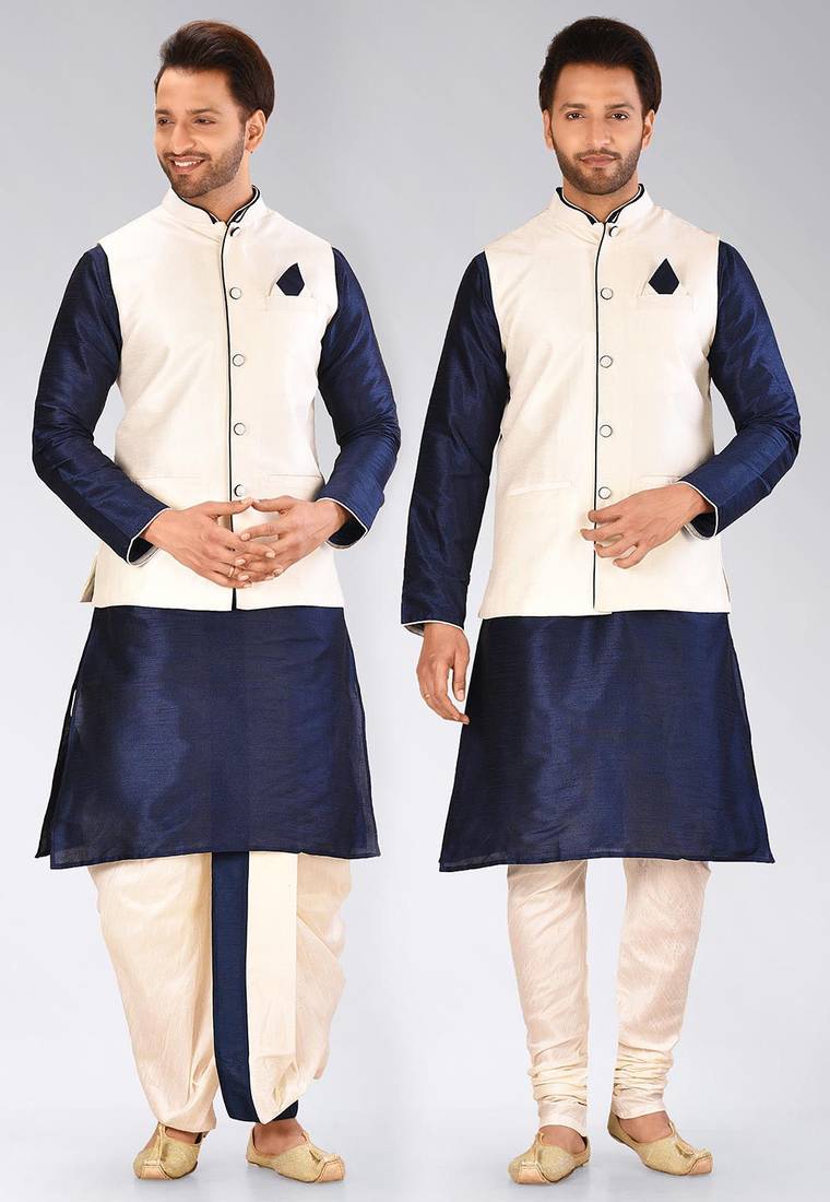Navy blue dupon art silk kurta, jacket with matching dhoti and churidar