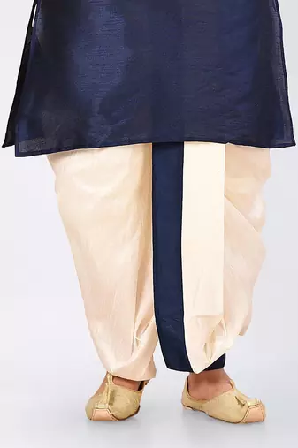 Navy blue dupon art silk kurta, jacket with matching dhoti and churidar