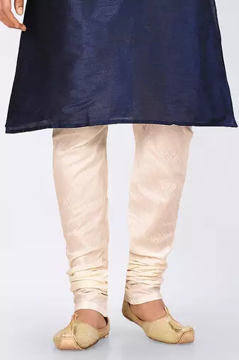 Navy blue dupon art silk kurta, jacket with matching dhoti and churidar