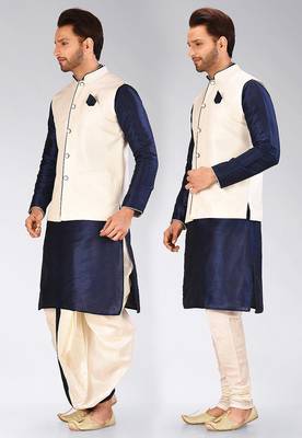 Navy blue dupon art silk kurta, jacket with matching dhoti and churidar 4