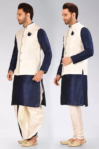Navy blue dupon art silk kurta, jacket with matching dhoti and churidar