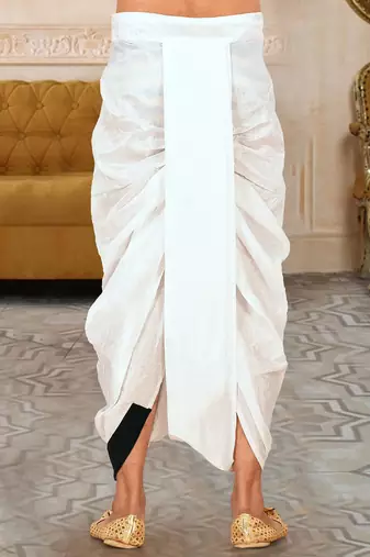 White dupon art silk kurta, jacket with matching dhoti and churidar