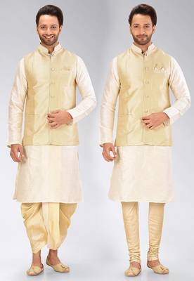 Cream dupon art silk kurta, jacket with matching dhoti and churidar 1