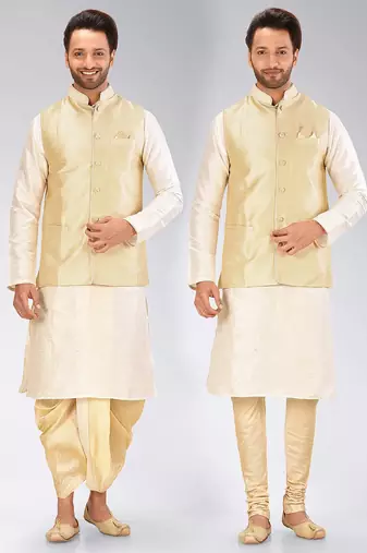 Cream dupon art silk kurta, jacket with matching dhoti and churidar