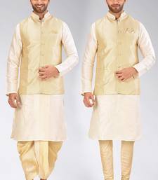 Cream dupon art silk kurta, jacket with matching dhoti and churidar