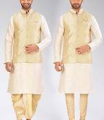 Cream dupon art silk kurta, jacket with matching dhoti and churidar