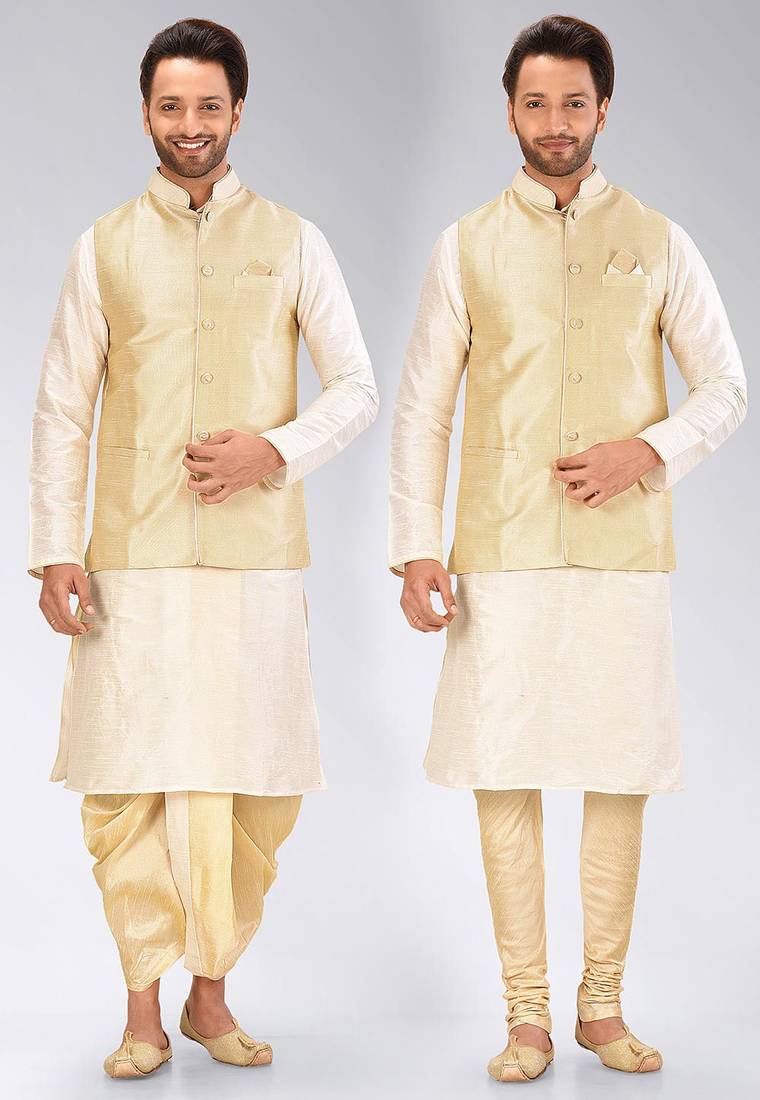 Cream dupon art silk kurta, jacket with matching dhoti and churidar