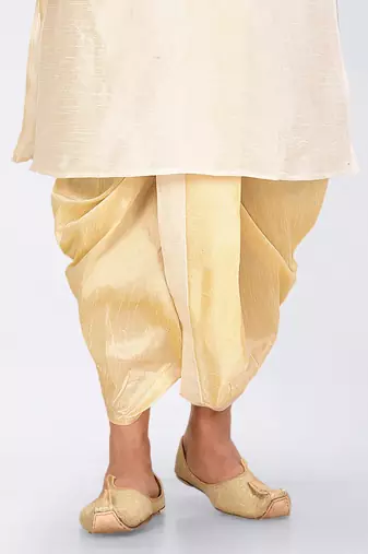 Cream dupon art silk kurta, jacket with matching dhoti and churidar