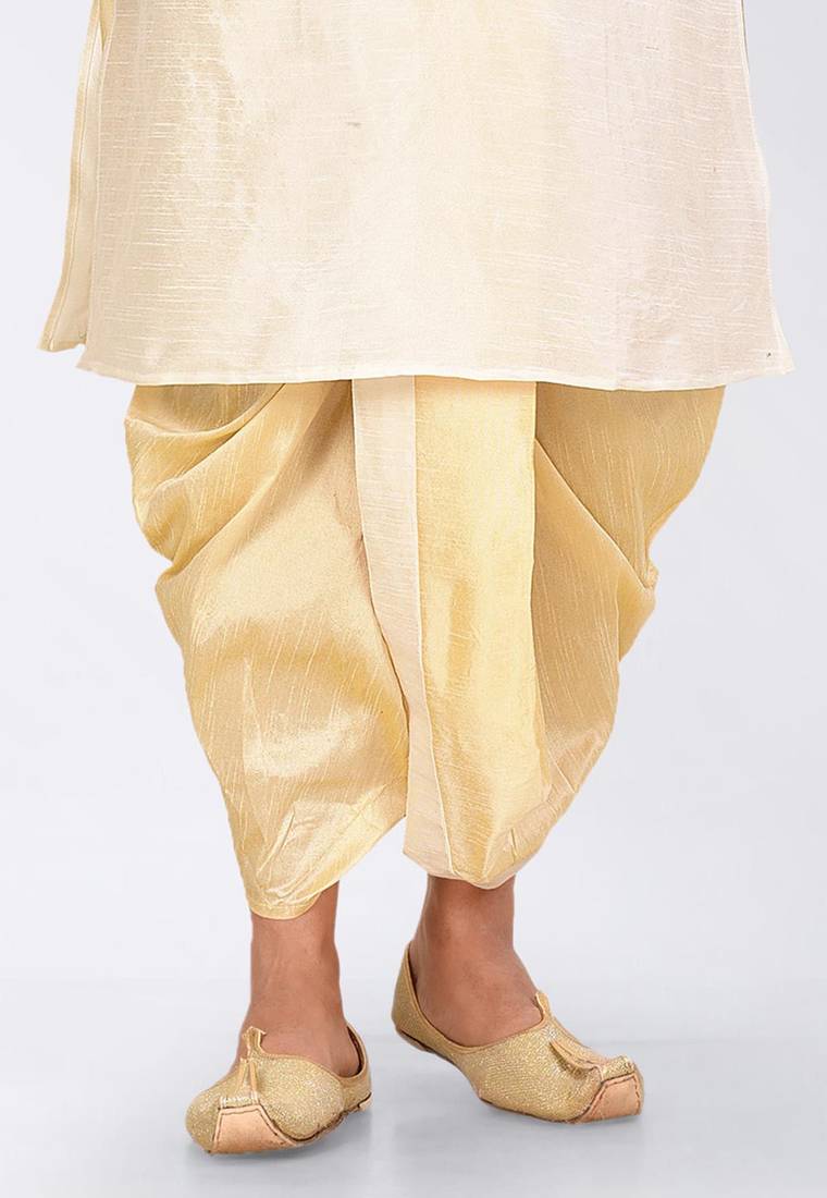 Cream dupon art silk kurta, jacket with matching dhoti and churidar