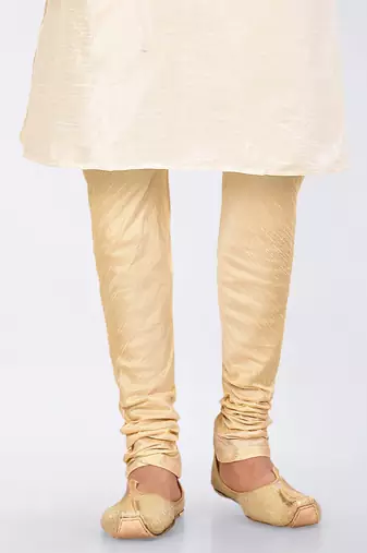 Cream dupon art silk kurta, jacket with matching dhoti and churidar