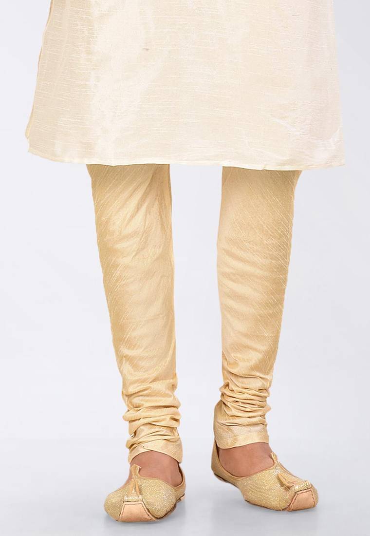 Cream dupon art silk kurta, jacket with matching dhoti and churidar