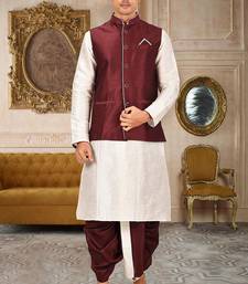 Deep cream dupon art silk kurta, jacket with matching dhoti