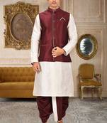 Deep cream dupon art silk kurta, jacket with matching dhoti
