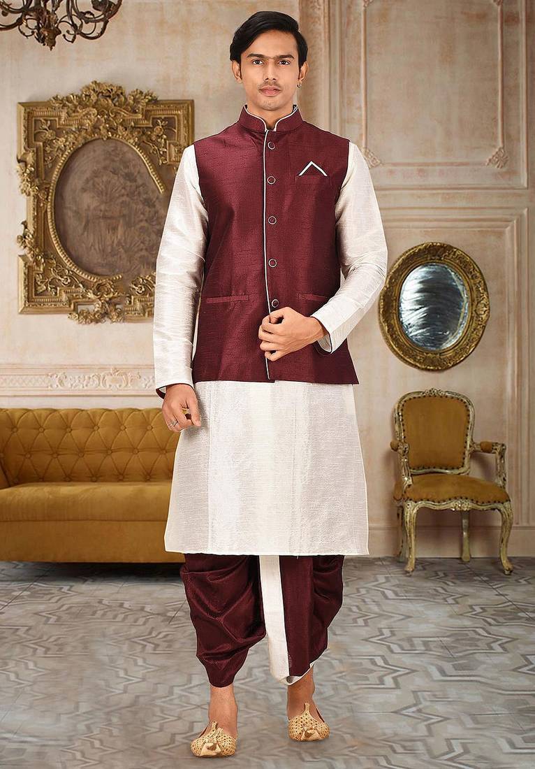 Deep cream dupon art silk kurta, jacket with matching dhoti