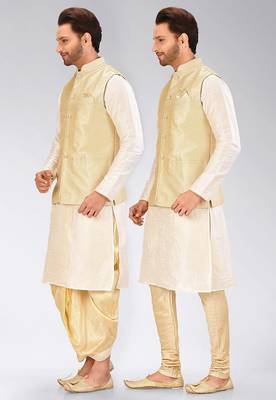 Cream dupon art silk kurta, jacket with matching dhoti and churidar 4