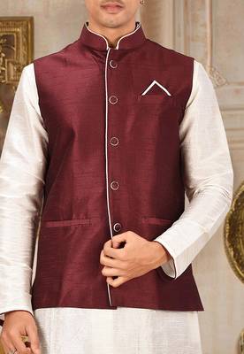 Deep cream dupon art silk kurta, jacket with matching dhoti 2