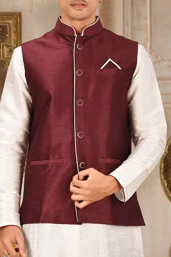 Deep cream dupon art silk kurta, jacket with matching dhoti