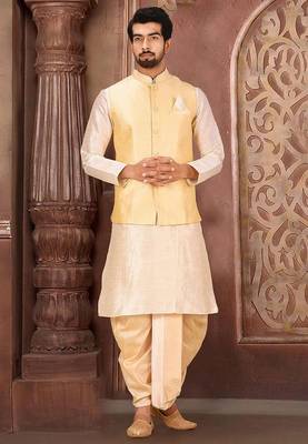 Deep cream dupon art silk kurta, jacket with matching dhoti 1