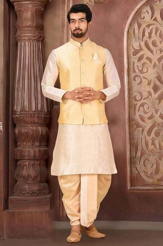 Deep cream dupon art silk kurta, jacket with matching dhoti