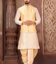 Deep cream dupon art silk kurta, jacket with matching dhoti