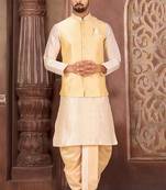 Deep cream dupon art silk kurta, jacket with matching dhoti