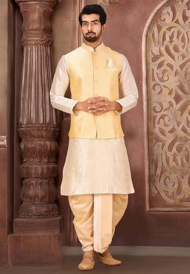 Deep cream dupon art silk kurta, jacket with matching dhoti