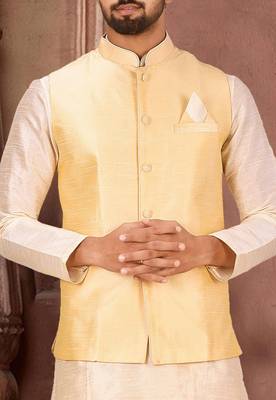 Deep cream dupon art silk kurta, jacket with matching dhoti 2
