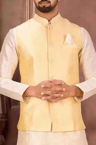 Deep cream dupon art silk kurta, jacket with matching dhoti