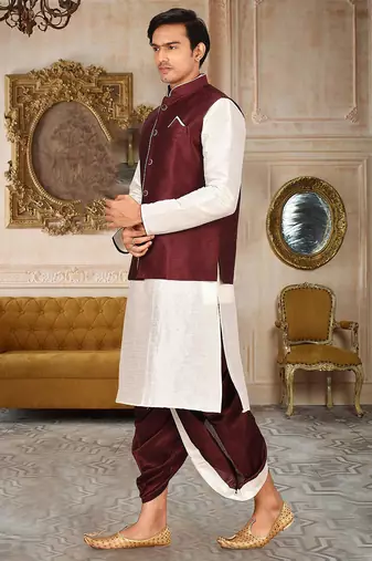 Deep cream dupon art silk kurta, jacket with matching dhoti