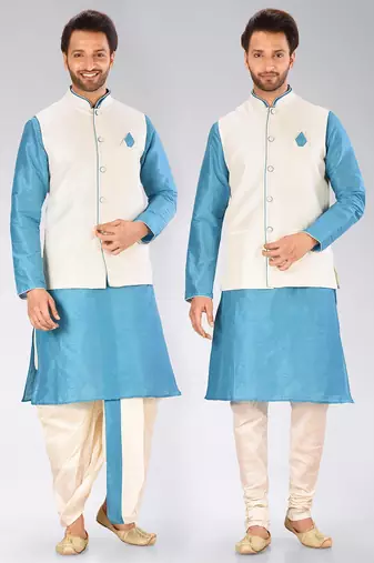 Firoza dupon art silk kurta, jacket with matching dhoti and churidar